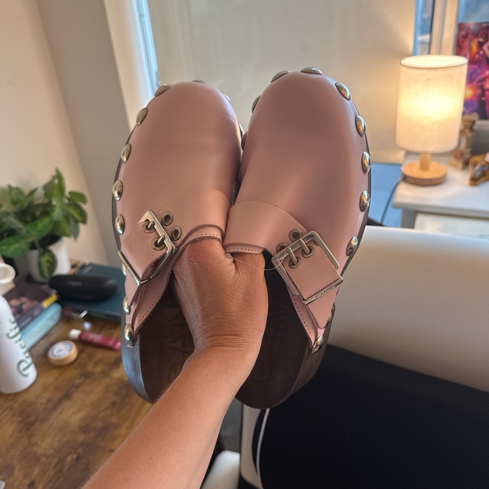 Ganni Pink Leather Clogs with Metallic Studs